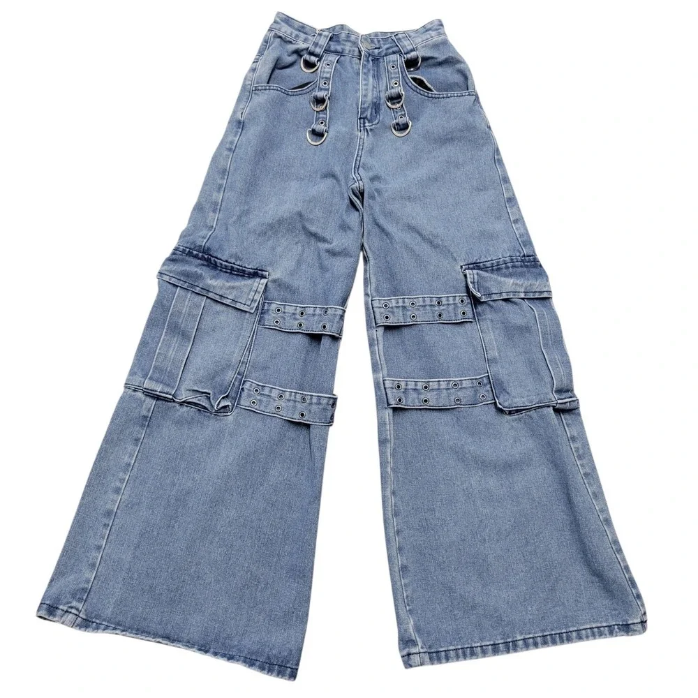 ROMWE Wide Leg Flap Pocket Cargo Grung Goth Distressed Grommet Dring Detail J424